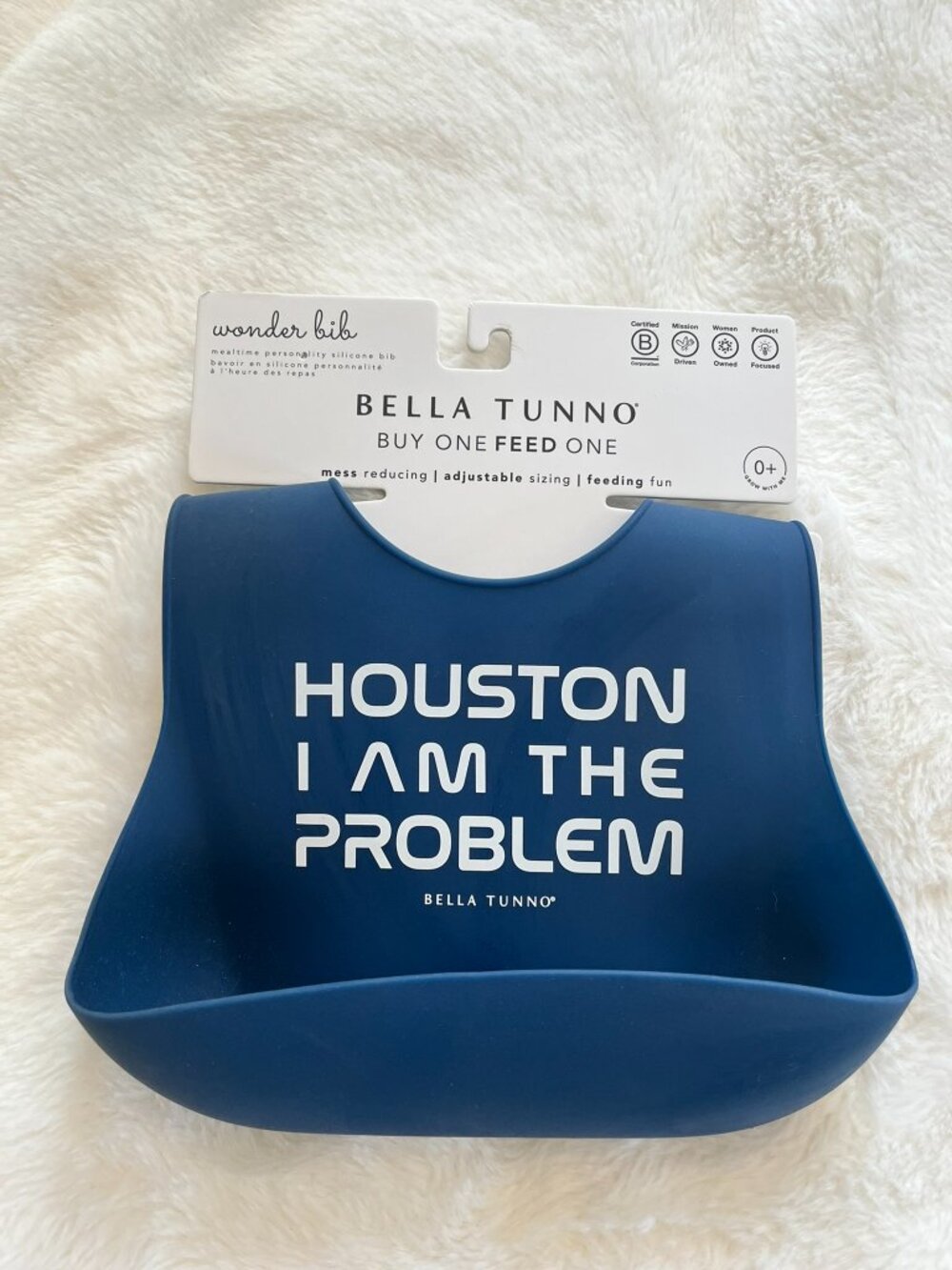 Bella Tunno "Houston I Am The Problem" Silicone Wonder Bib Brand New Navy Blue